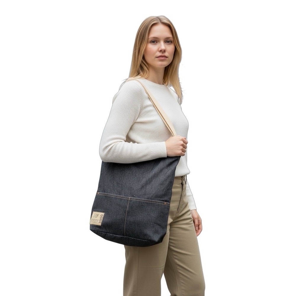 GAP 1969 Denim Tote‎ Bag Blue Canvas Straps Front Pocket Logo Patch NWOT